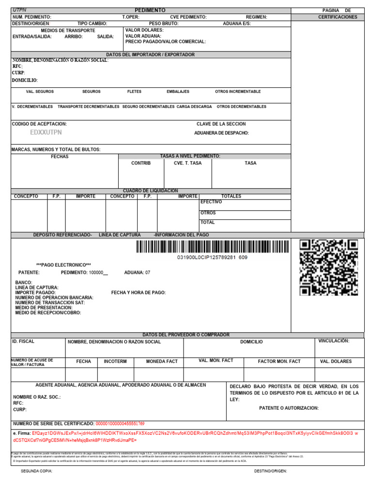 Formato pedimento en blanco imp utpn pdf aduana bancos