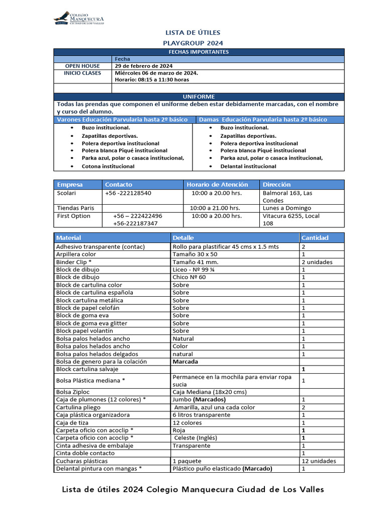 Lista Útiles 2024 Playgroup Manquecura | PDF | Materiales de ...