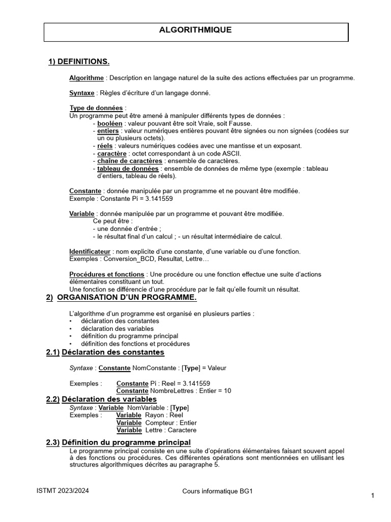 Introduction à l'algorithmique BG1 | PDF | Variable (informatique ...