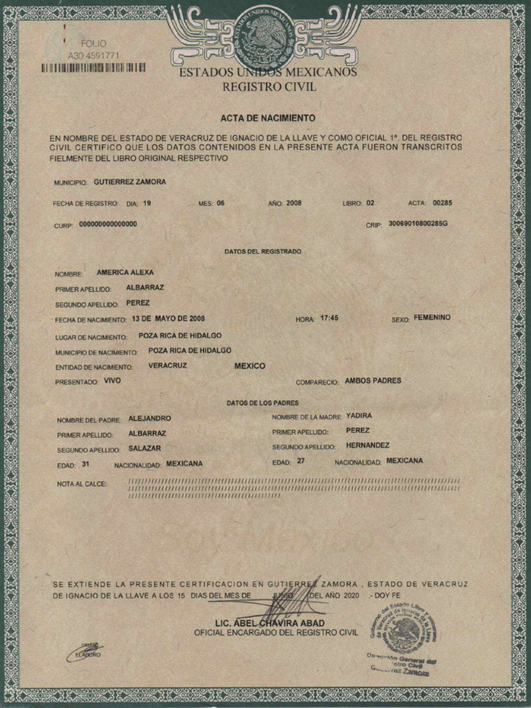 Acta De Nacimiento Pdf 