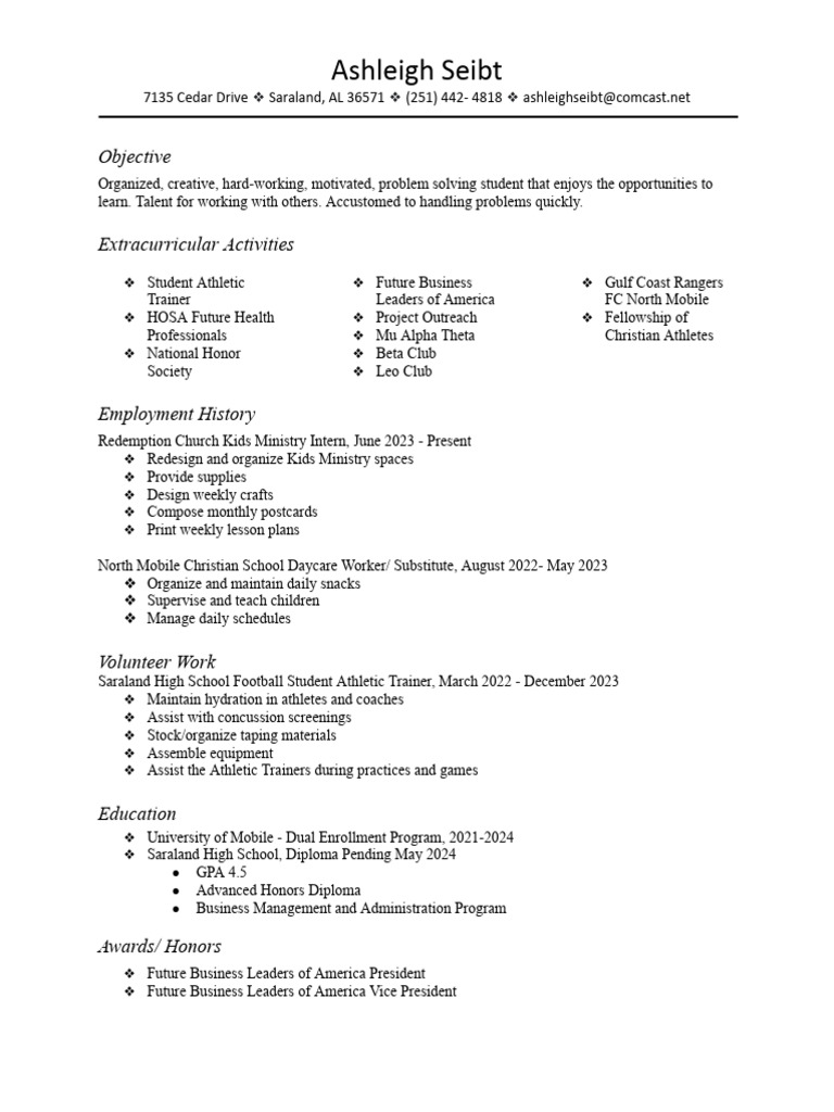 Ashleigh Seibt's Resume and Achievements | PDF