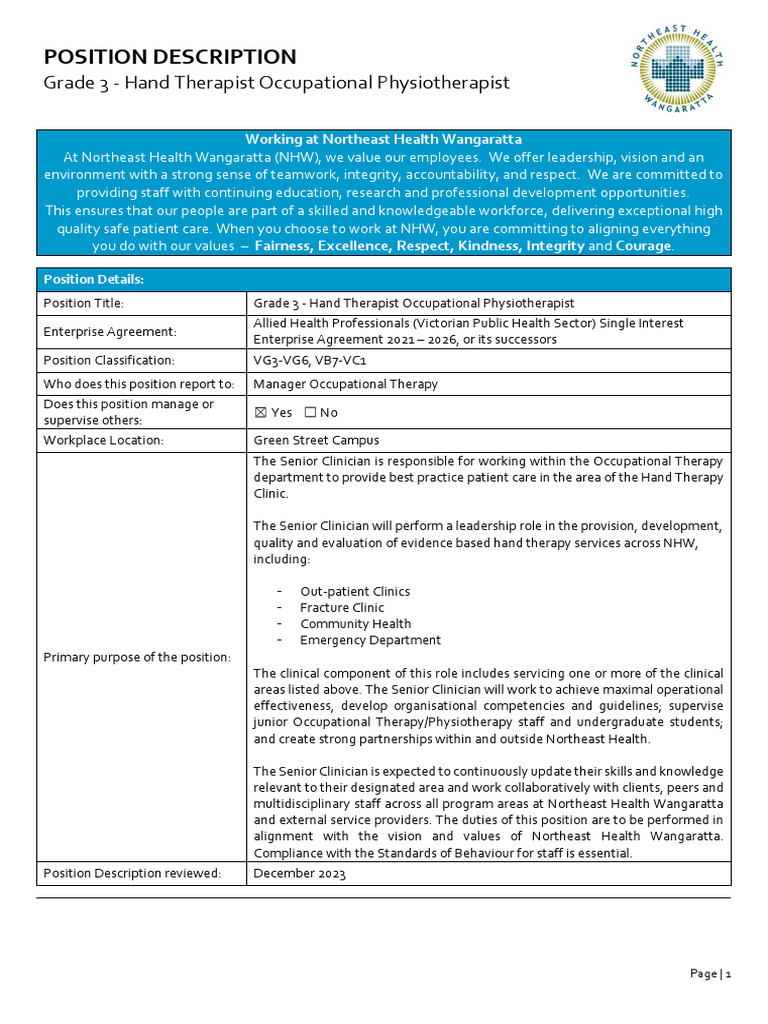 PD - Grade 3 - Hand Therapist Occupational Physiotherapist | PDF ...