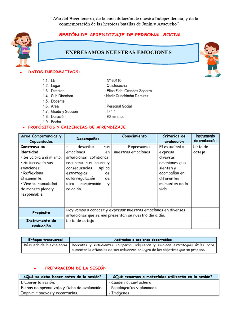 Expresión de Emociones en Clase 4º | PDF | Las emociones | Evaluación