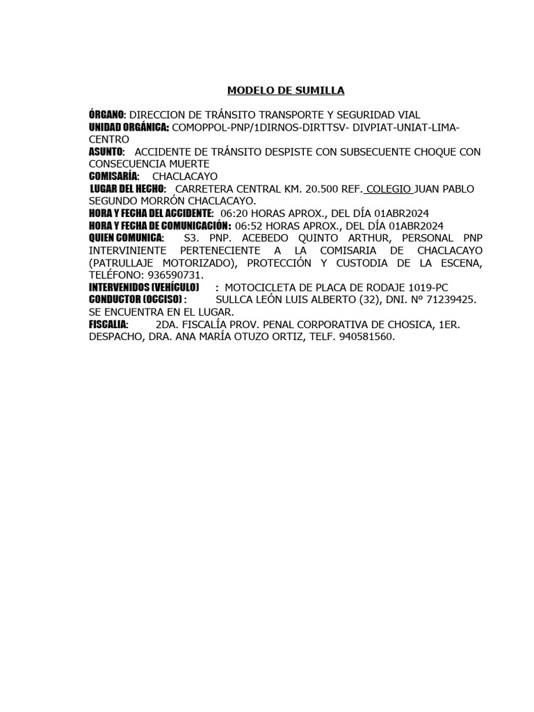 MODELO DE SUMILLA - NOTA INFORMATIVA ACC.DE TRAN | PDF | Accidente de ...