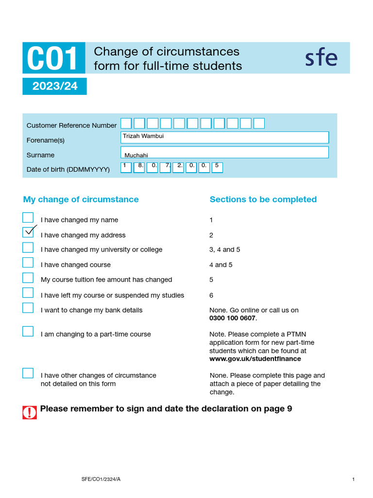 CO1 Change of Circumstances Form 2023/24 | PDF | Postgraduate Education ...
