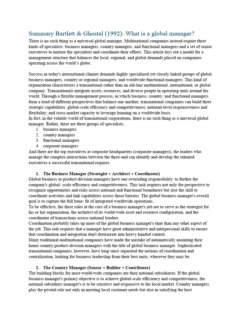 BARTLETT TRANSNATIONAL MANAGEMENT 6TH EDITION SUMMARY PDF intelligence overview