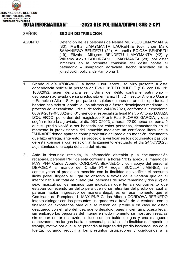 Nota Informativa Sovbre Detenidos Por Usurpacion | PDF
