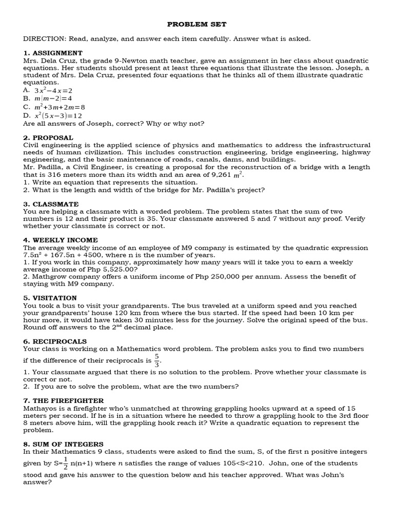 Math Problem Set: Quadratic Equations | PDF | Mathematics | Quadratic ...
