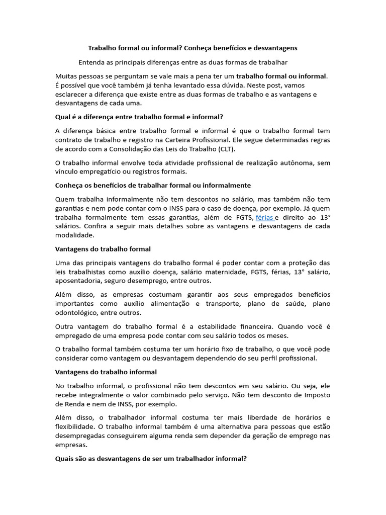 Trabalho Formal Ou Informal | PDF | Emprego | Business