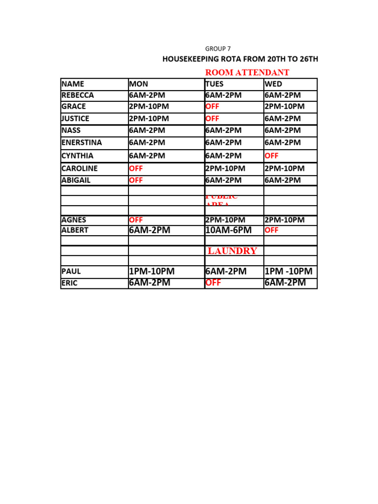 Housekeeping Rota: Nov 20-26, 2023 | PDF