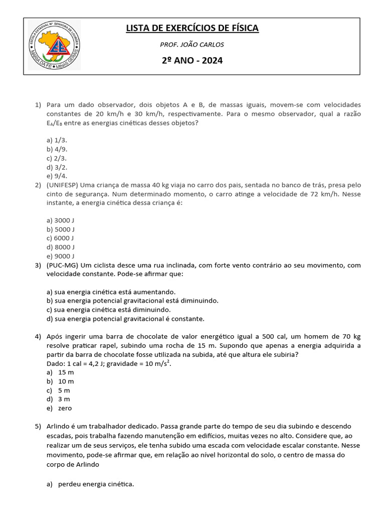 LISTA DE EXERCÍCIOS DE FÍSICA - 2º Ano - 2024 | PDF | Temperatura ...