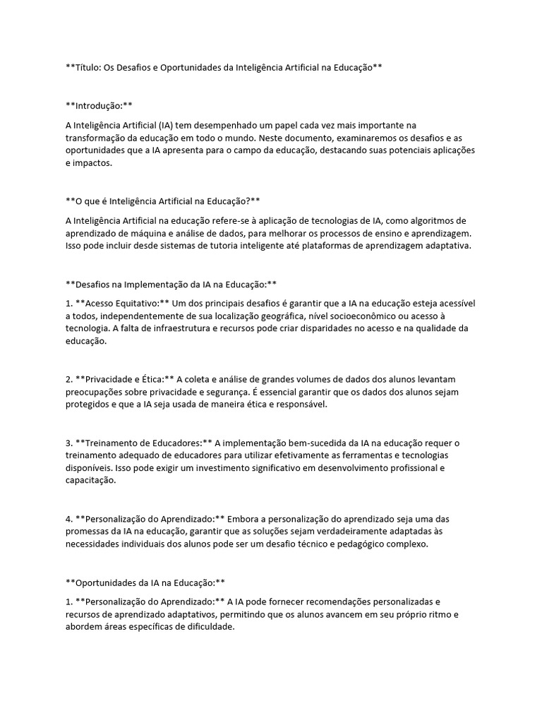 IA na Educação: Desafios e Oportunidades | PDF | Inteligência ...