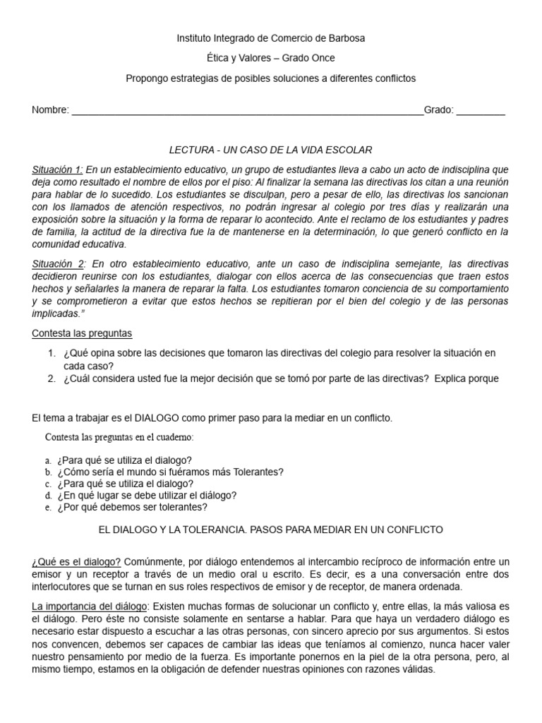 Resolucion de Conflictos Grado 11 Etica y Valores | PDF | Tolerancia