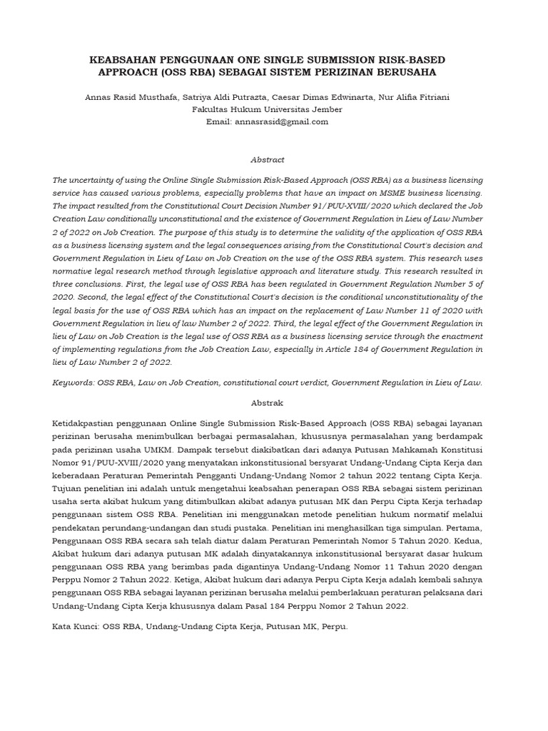 Keabsahan Penggunaan One Single Submission Risk-Based Approach (Oss Rba ...