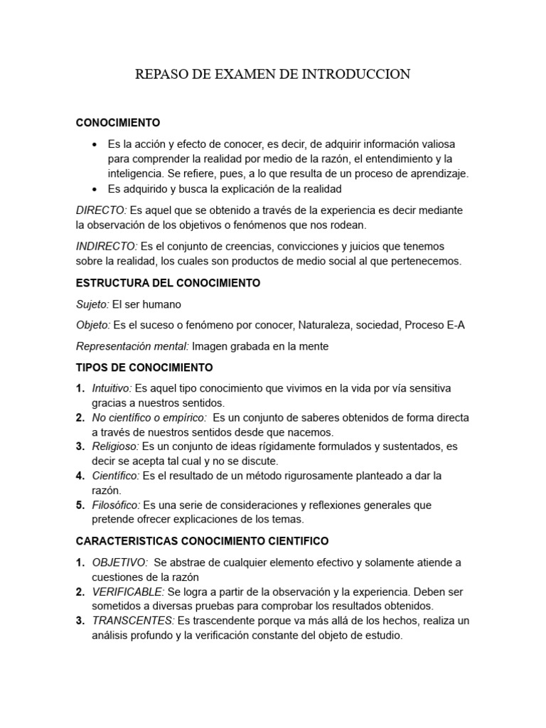 Repaso de Examen de Introduccion | PDF | Método científico | Conocimiento