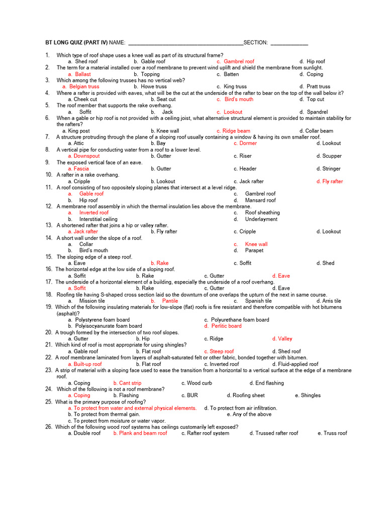 Roof Structure and Lumber Quiz | PDF | Roof | Steel