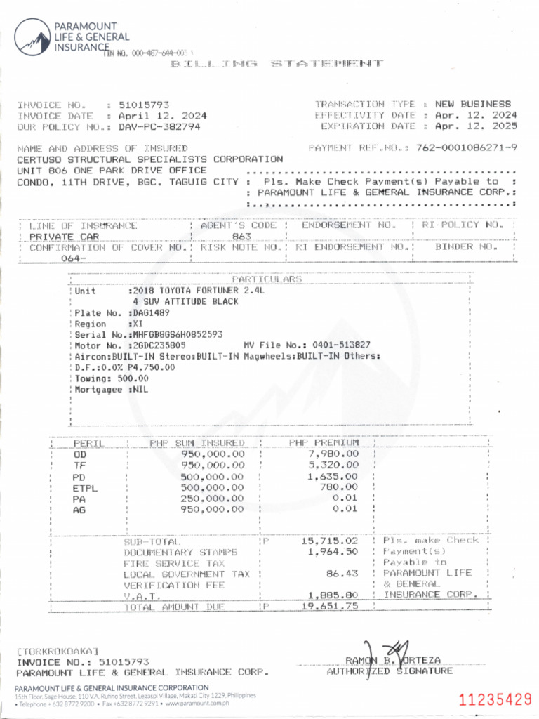 Santy-Paramount Insurance - Toyota Fortuner Dag1489 | PDF