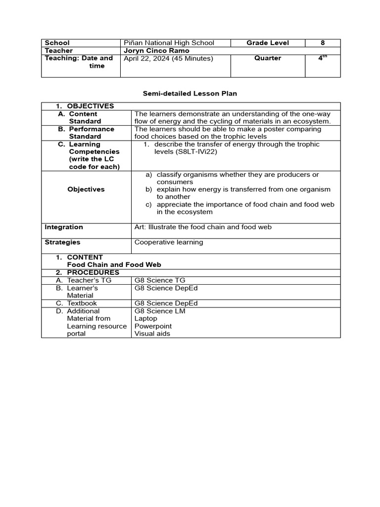 Grade 8 Ecosystem Lesson Plan | PDF | Food Web