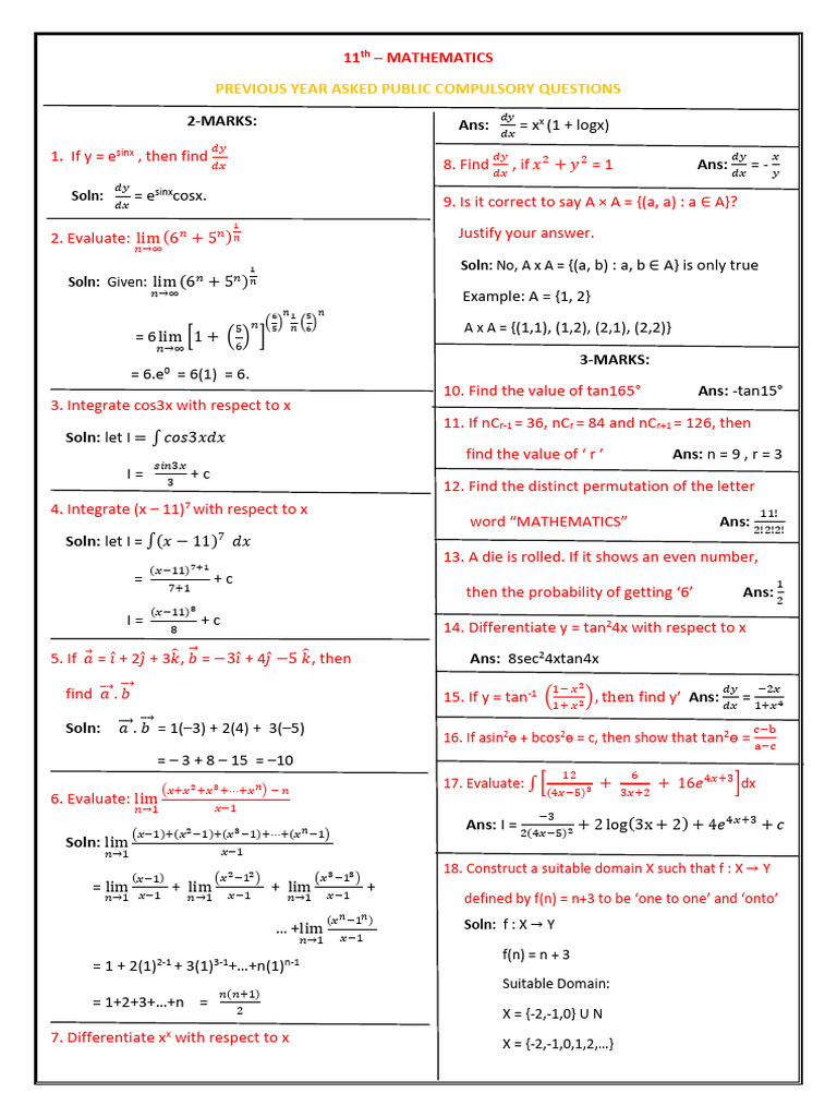 11th Maths Compulsory Questions PDF | PDF | Mathematics | Mathematical ...