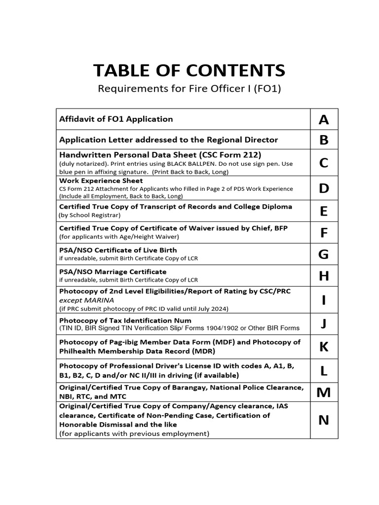 FO1 Application Requirements Checklist | PDF