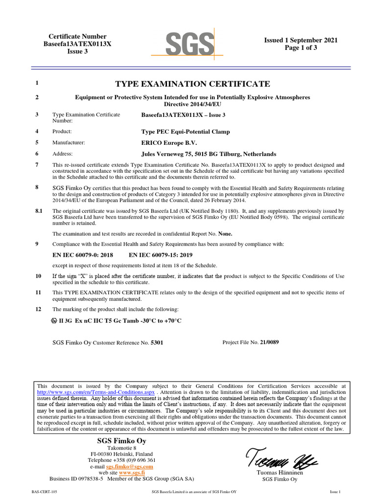 Baseefa ATEX Certificate Overview | PDF | Safety