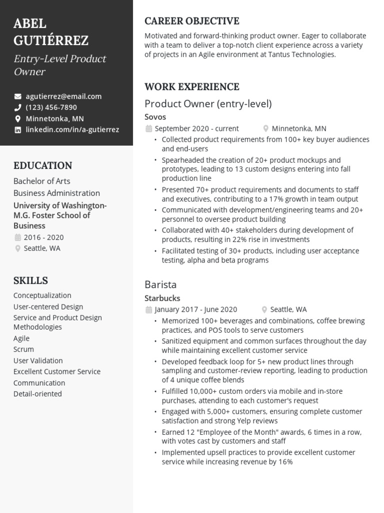 Entry Level Product Owner Resume Example | PDF | Scrum (Software ...
