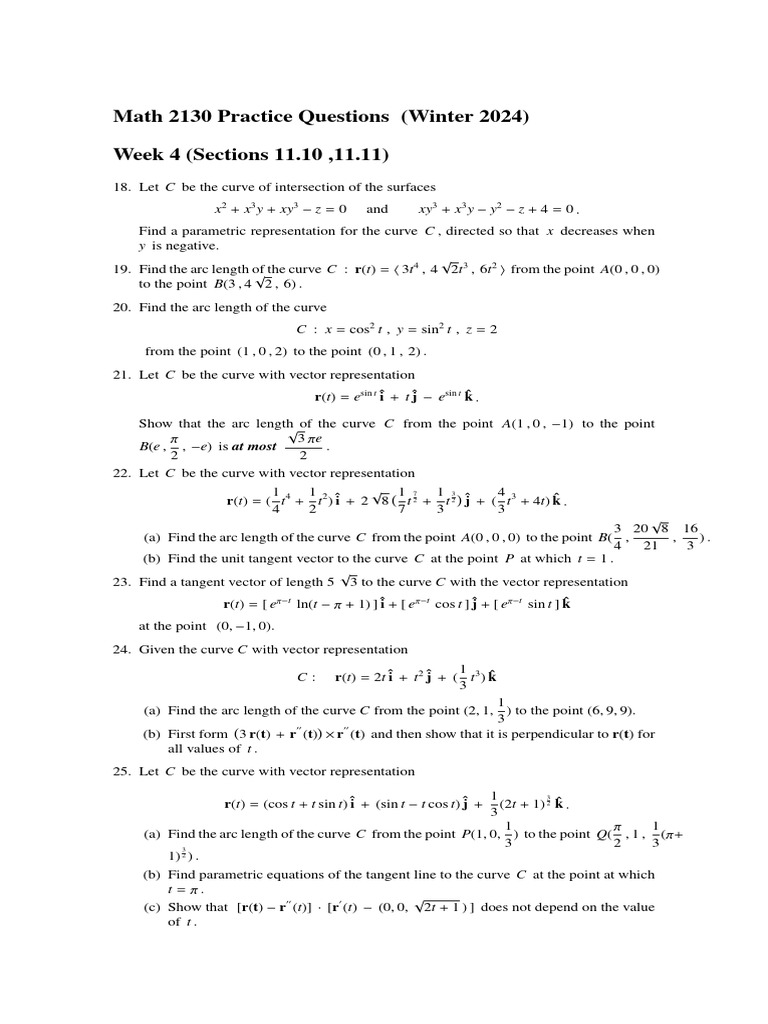 Math 2130 Winter 2024 Practice Questions | PDF | Curve | Tangent