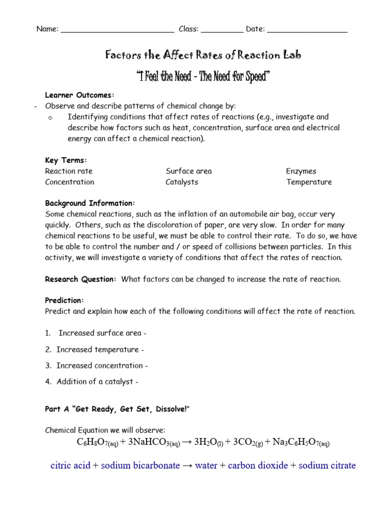 Factors Affecting Reaction Rates Lab | PDF | Reaction Rate | Chemical ...