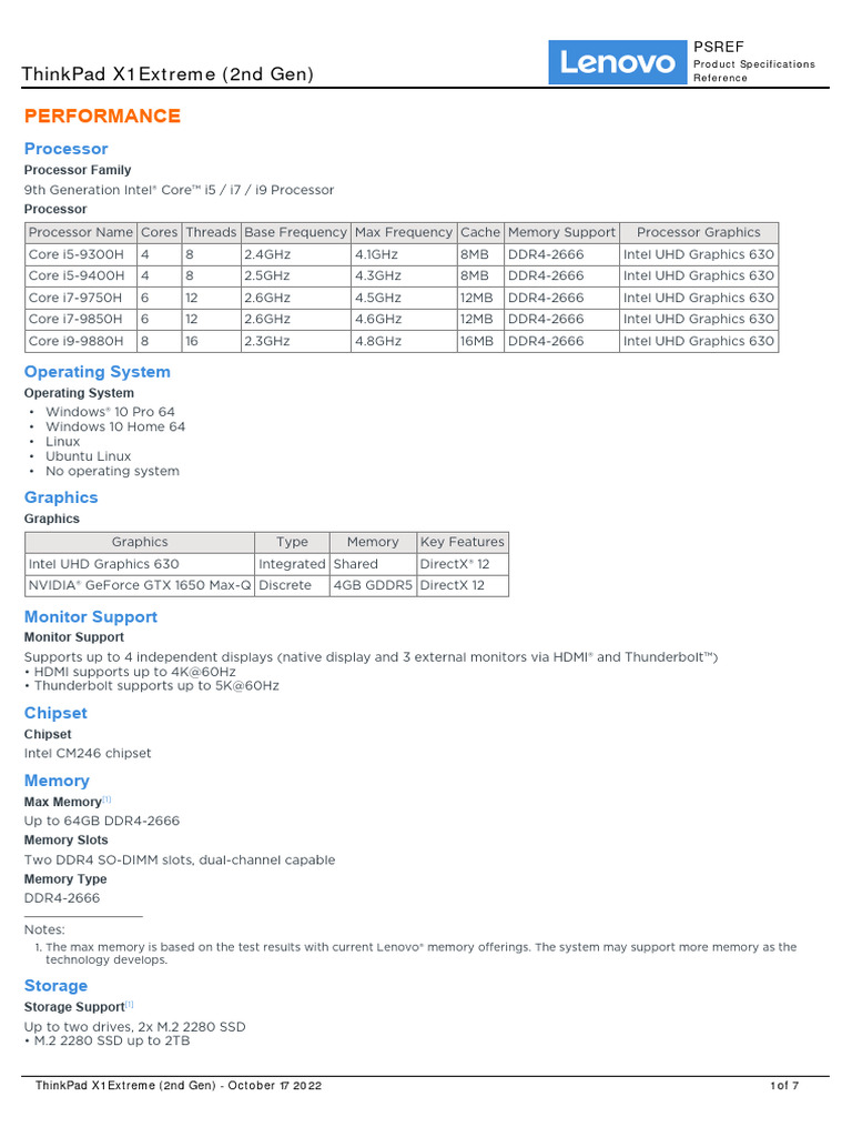 ThinkPad X1 Extreme 2nd Gen Spec | PDF | Usb | Computer Hardware