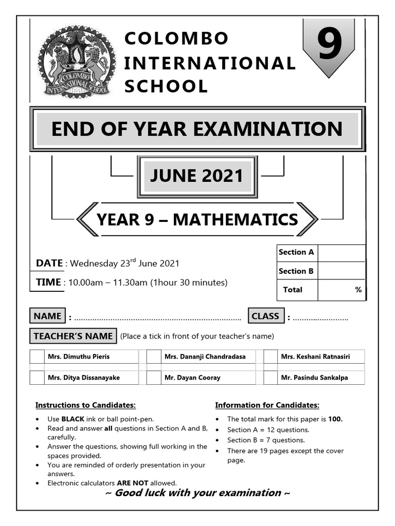End of Year 9 - 2021 June Paper | PDF | Mathematical Concepts ...
