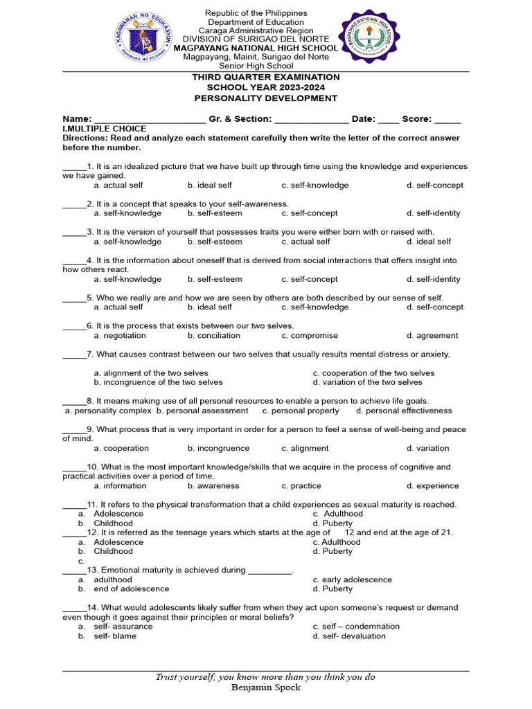 THIRD QUARTER EXAMINATION in Perdev | PDF | Adolescence | Self Concept