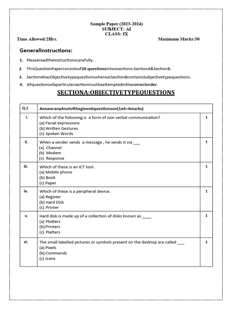 Class 9 AI Sample Paper 2023-24 | PDF | Artificial Neural Network ...