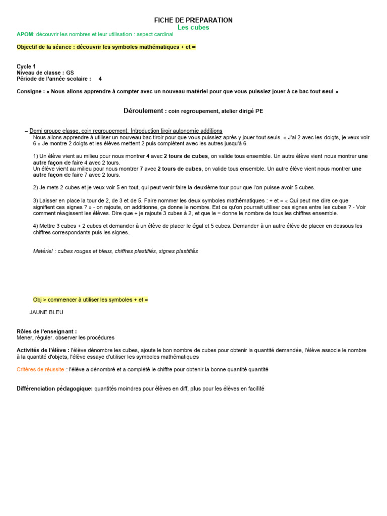 Apprentissage des additions en GS avec cubes | PDF