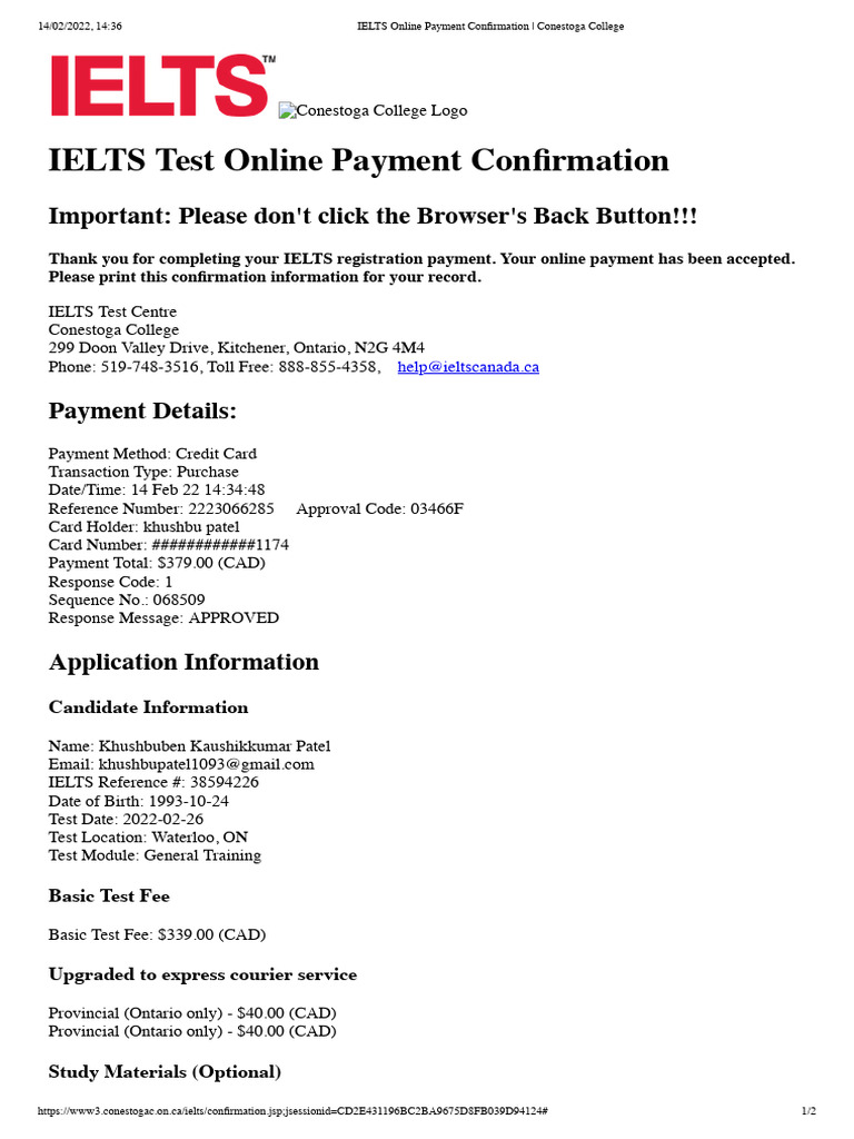 IELTS Online Payment Confirmation Conestoga College PDF Payments