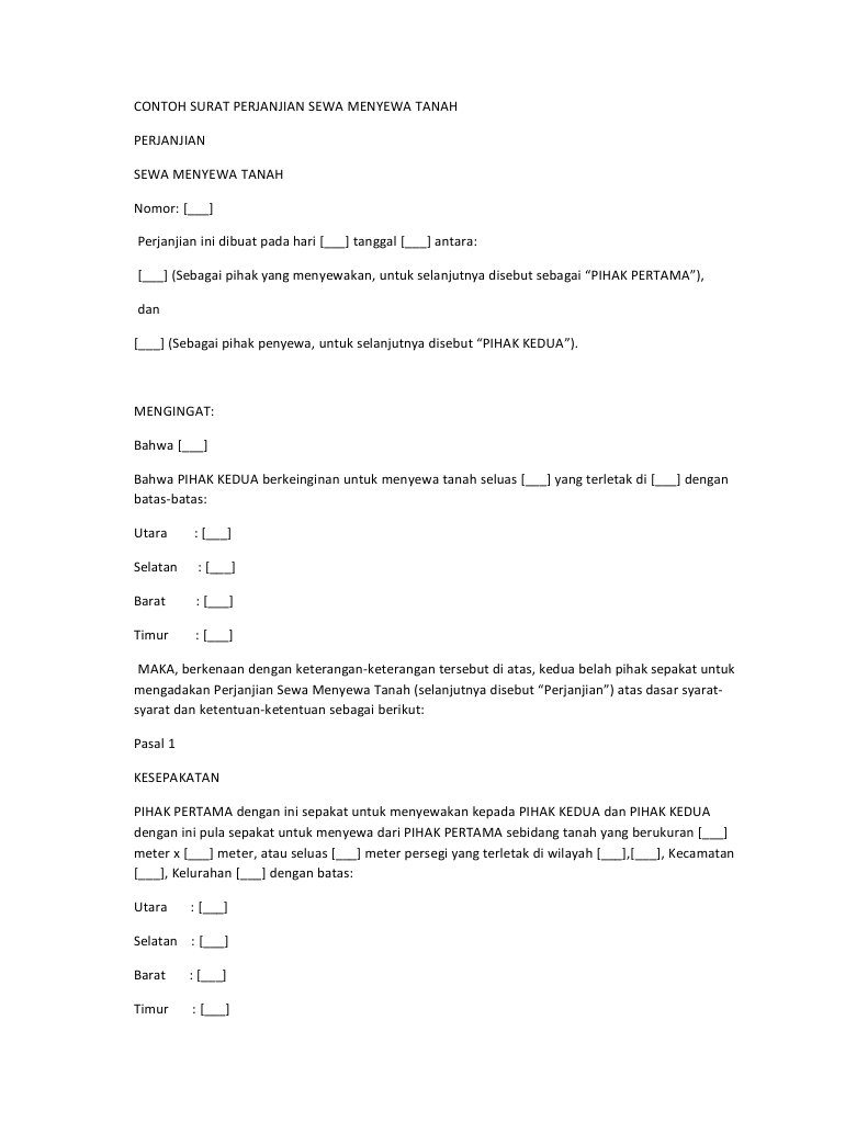 Contoh Surat Perjanjian Sewa Menyewa Tanah