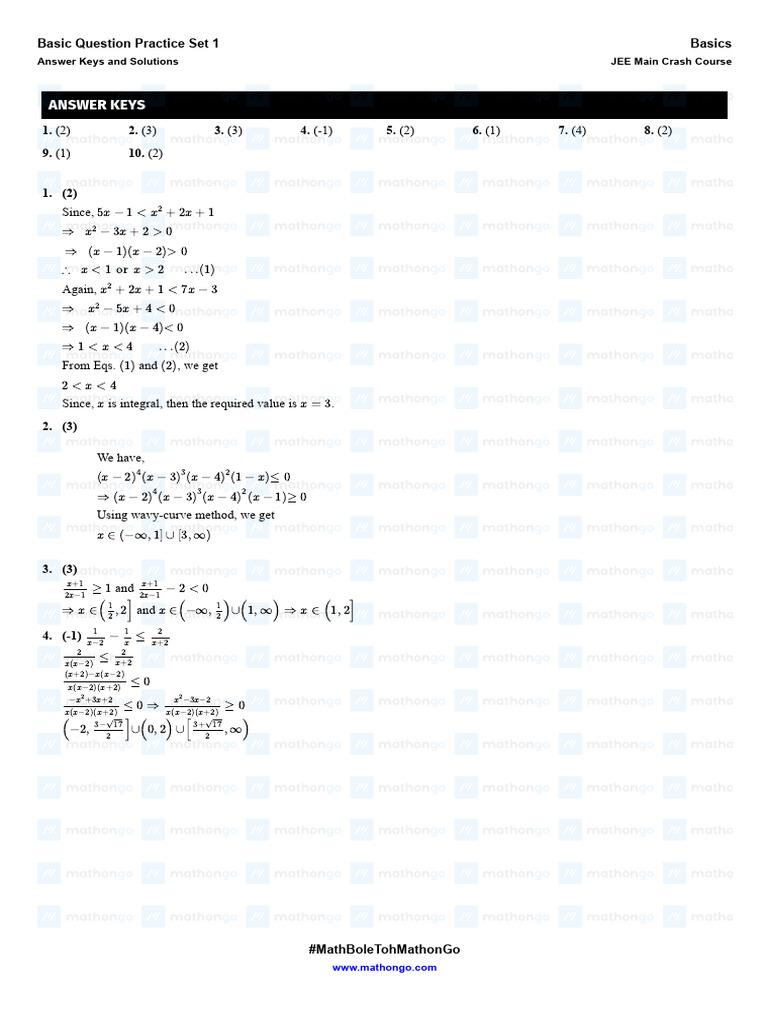JEE Main Crash Course Answer Keys | PDF