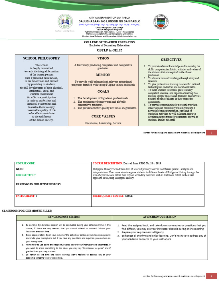 OBTLP Framework in Philippine History Course | PDF | Philippines | Learning