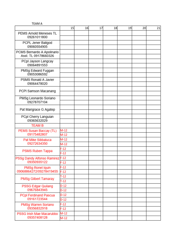 Team Roster and Contact List | PDF