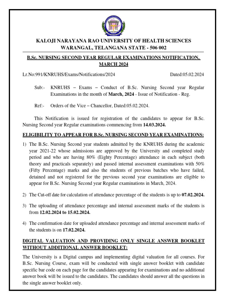 KNRUHS B.Sc. Nursing Exam Notice March 2024 | PDF | Nursing | Health Care