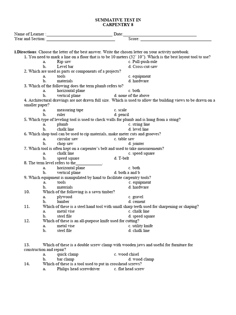 Carpentry Summative Test Questions | PDF | Tools