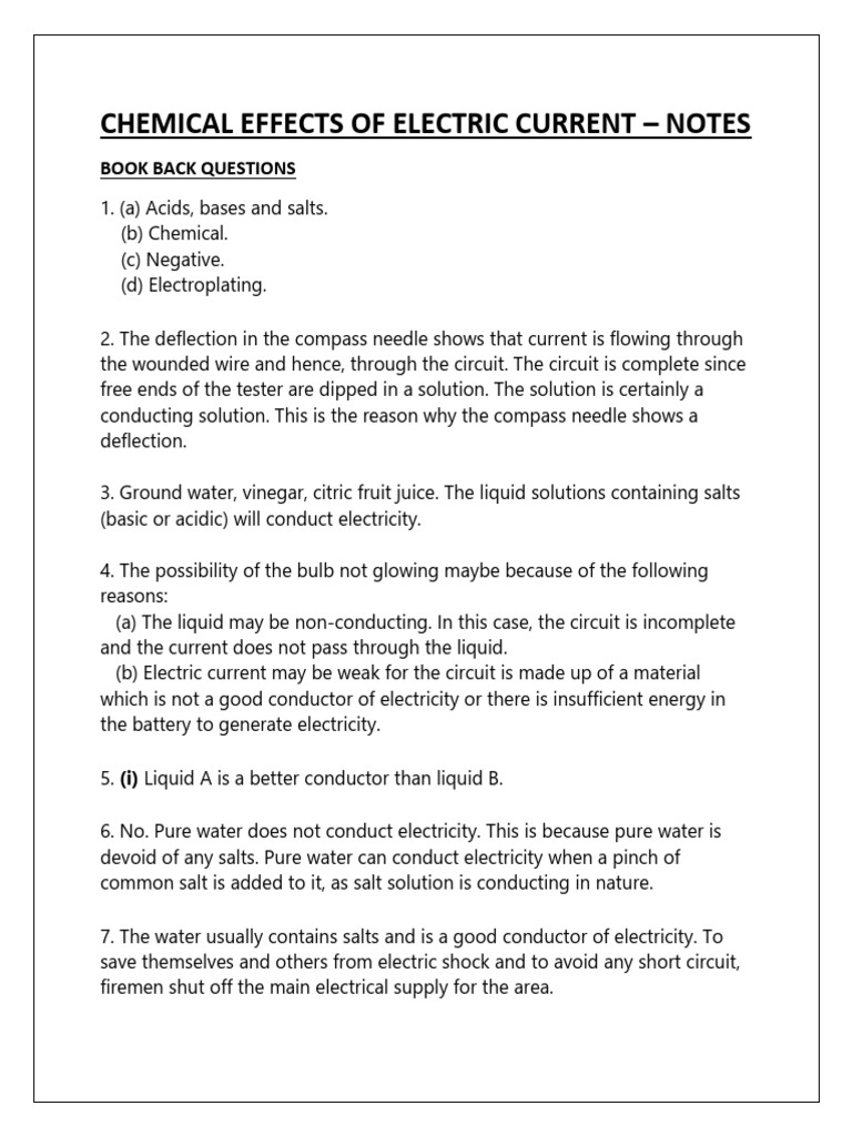 Chemical Effects of Electric Current Notes PDF Water Electricity