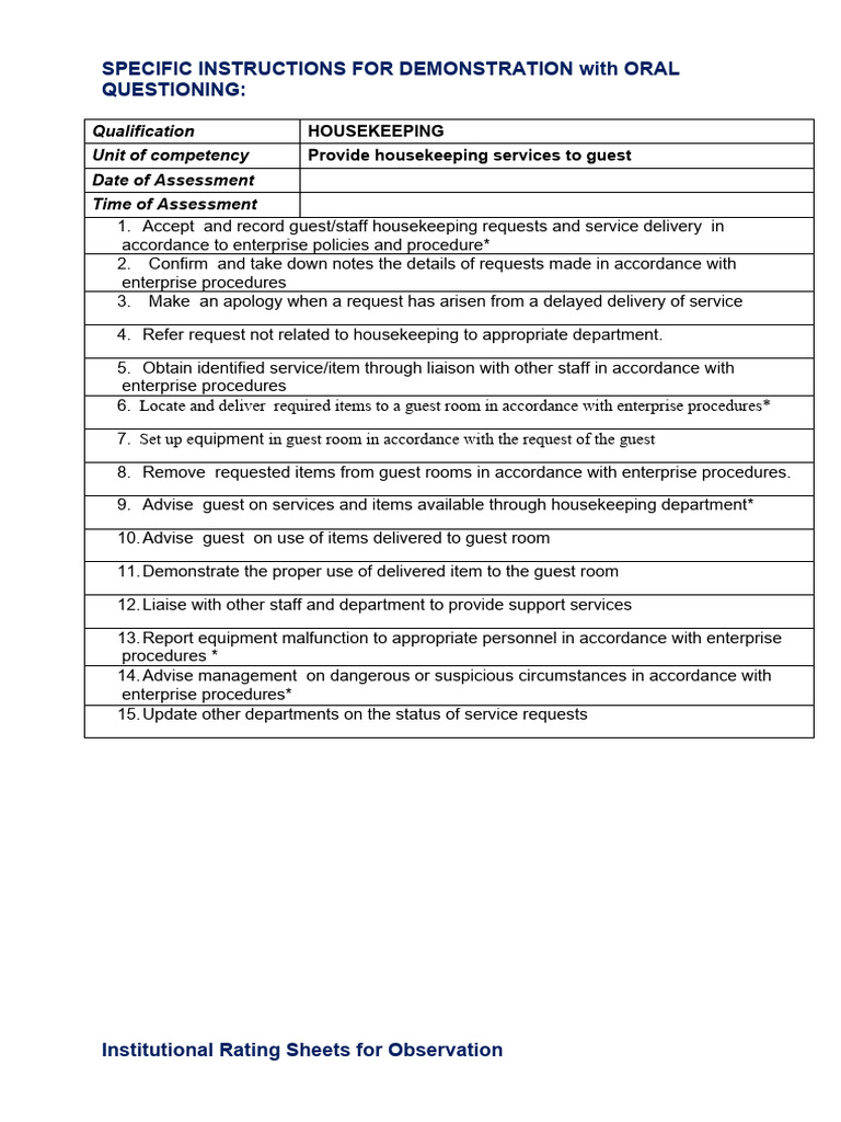 Housekeeping Services Assessment Guide | PDF