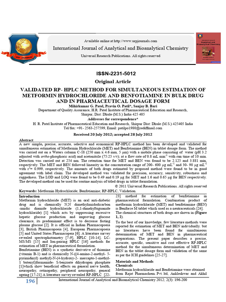 RP-HPLC Method for MET and BEN Analysis | PDF | High Performance Liquid ...