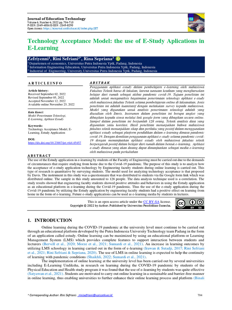 Technology Acceptance Model The Use of E Study Aplications in E ...
