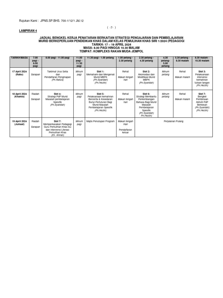 Jadwal Bengkel Pendidikan Khas 2024 | PDF