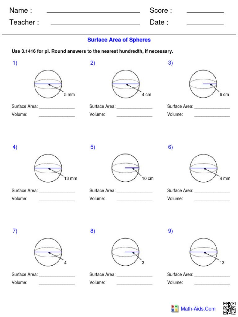 Surface Area and Volume of Spheres | PDF | Space | Volume