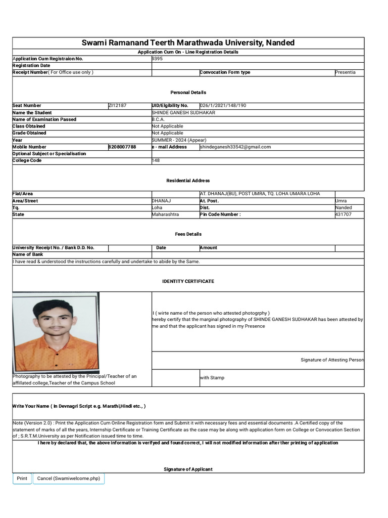 SRTMU Nanded Convocation Registration Form | PDF