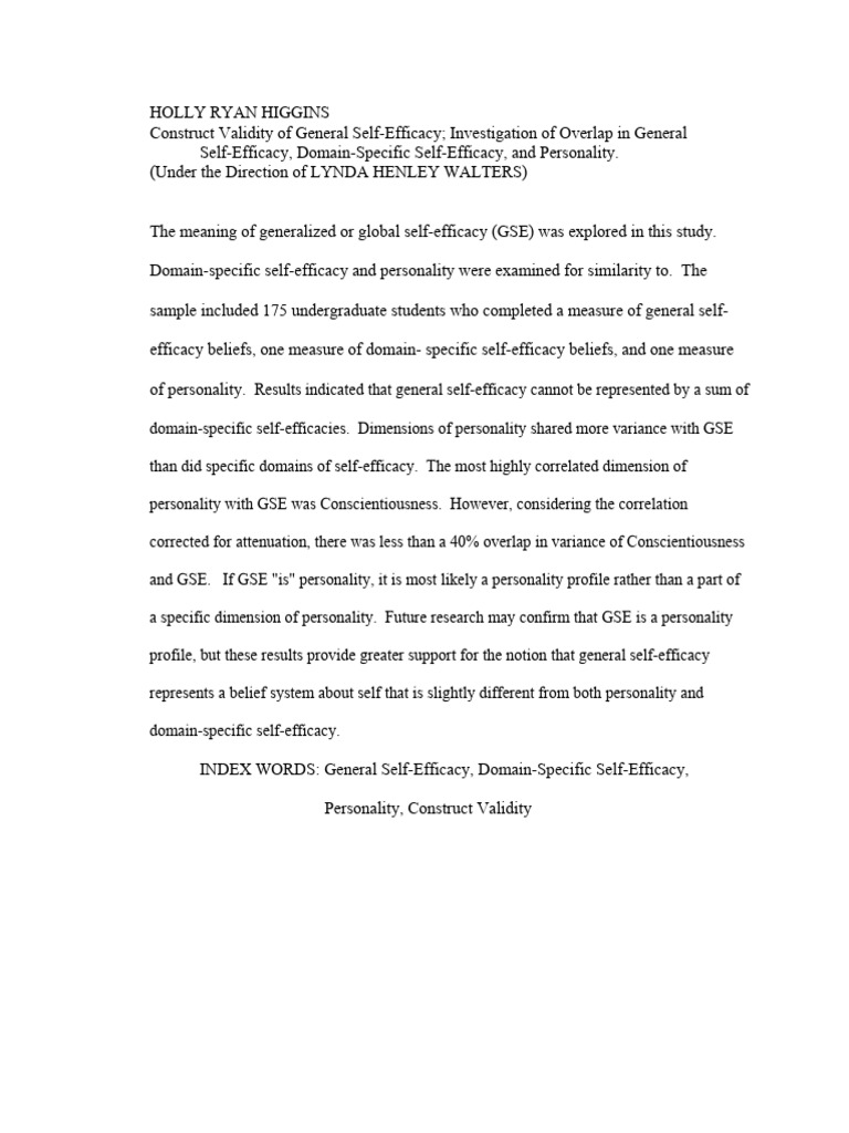 General Self-Efficacy and Personality Study | PDF | Self Efficacy ...