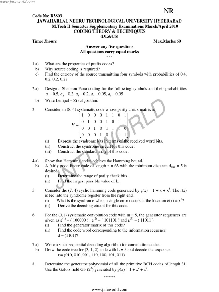 Coding Theory Exam Questions | PDF | Discrete Mathematics | Computer ...