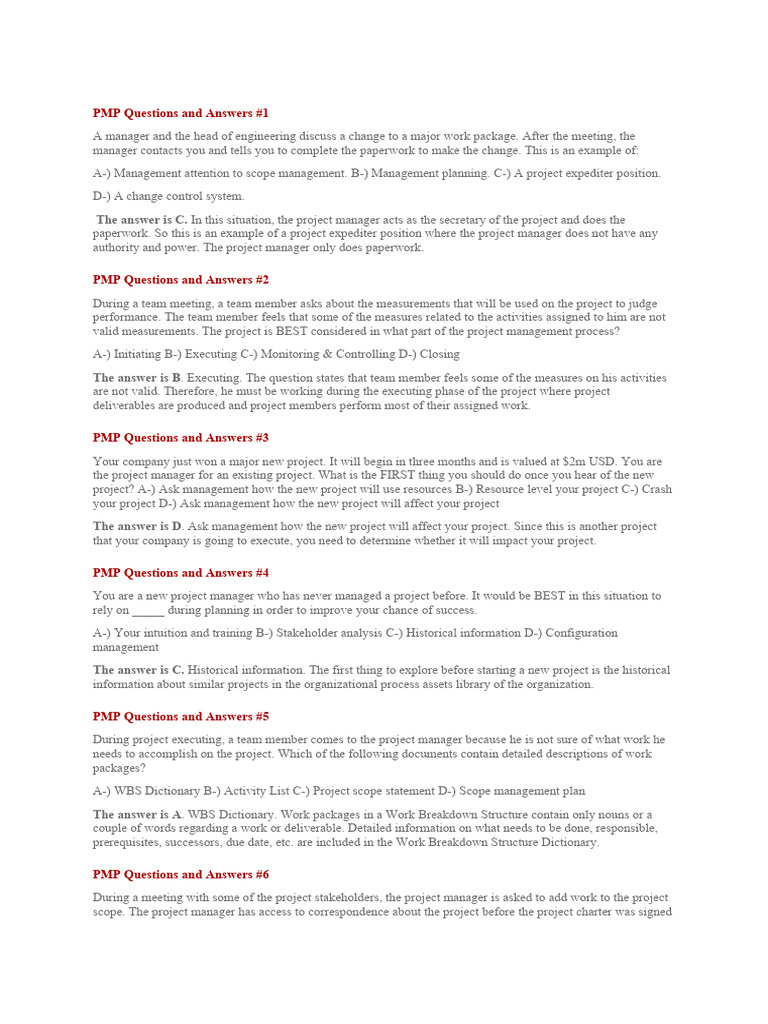 PMP Exam Questions and Answers Guide | PDF | Audit | Business